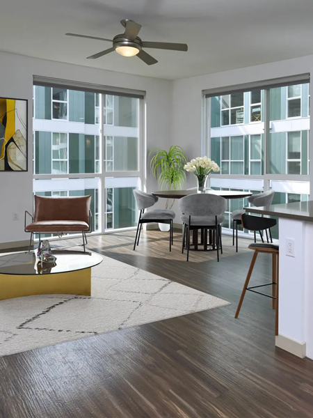 multifamily building dining room that looks out to more apartments
